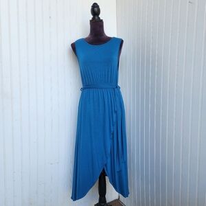 NWT Sheila Rose Navy Dress Women Soft Stretch Faux Wrap Tie Jersey Midi Ruffle L